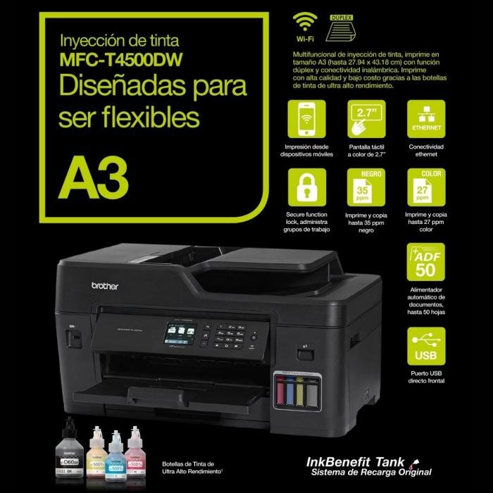IMPRESORA BROTHER MFCT4500DW MULTIFUNCIONAL DE INYECCION DE TINTA WI-FI / ETHERNET / USB 2.0 IMPRESIÓN DUPLEX