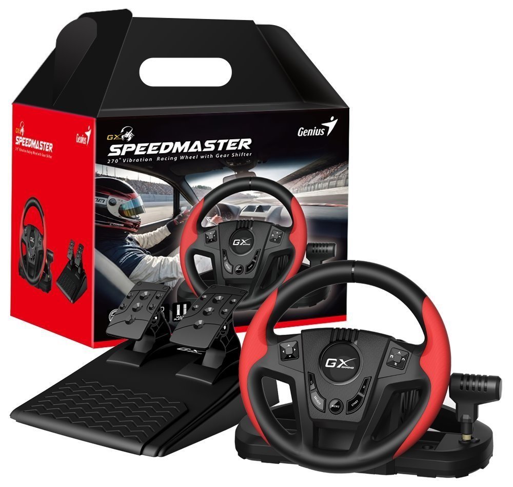 GENIUS Volante con Pedales y Palanca de Velocidades SpeedMaster, Vibracion, USB, Negro