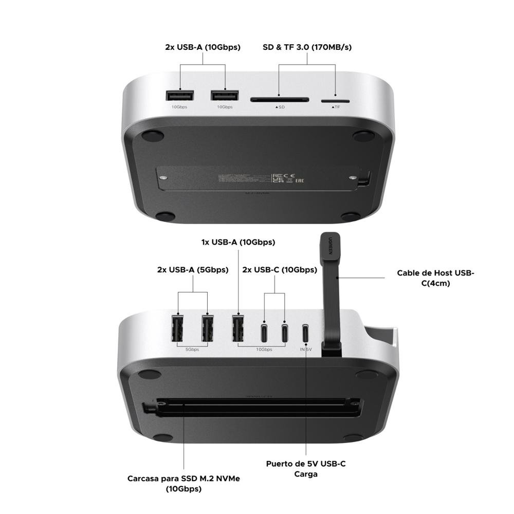 DOCK STATION UGREEN CM841 USB-C 10 EN 1 SSD NVME HASTA 8TB PARA MAC MINI M4 10GBPS 65487